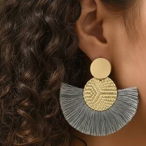 Boho Chic Gold & Grey Tassel Fringe Fan Earrings 🌿 Trendy Statement Earrings